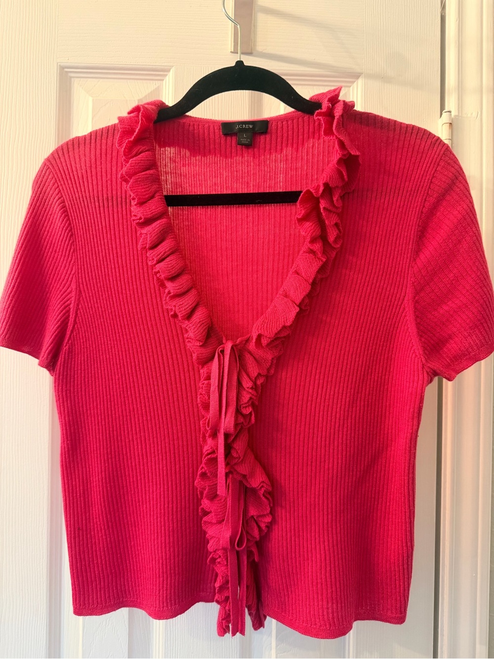 J. Crew Hot Pink Ruffle-Trim Short Sleeve Knit Top